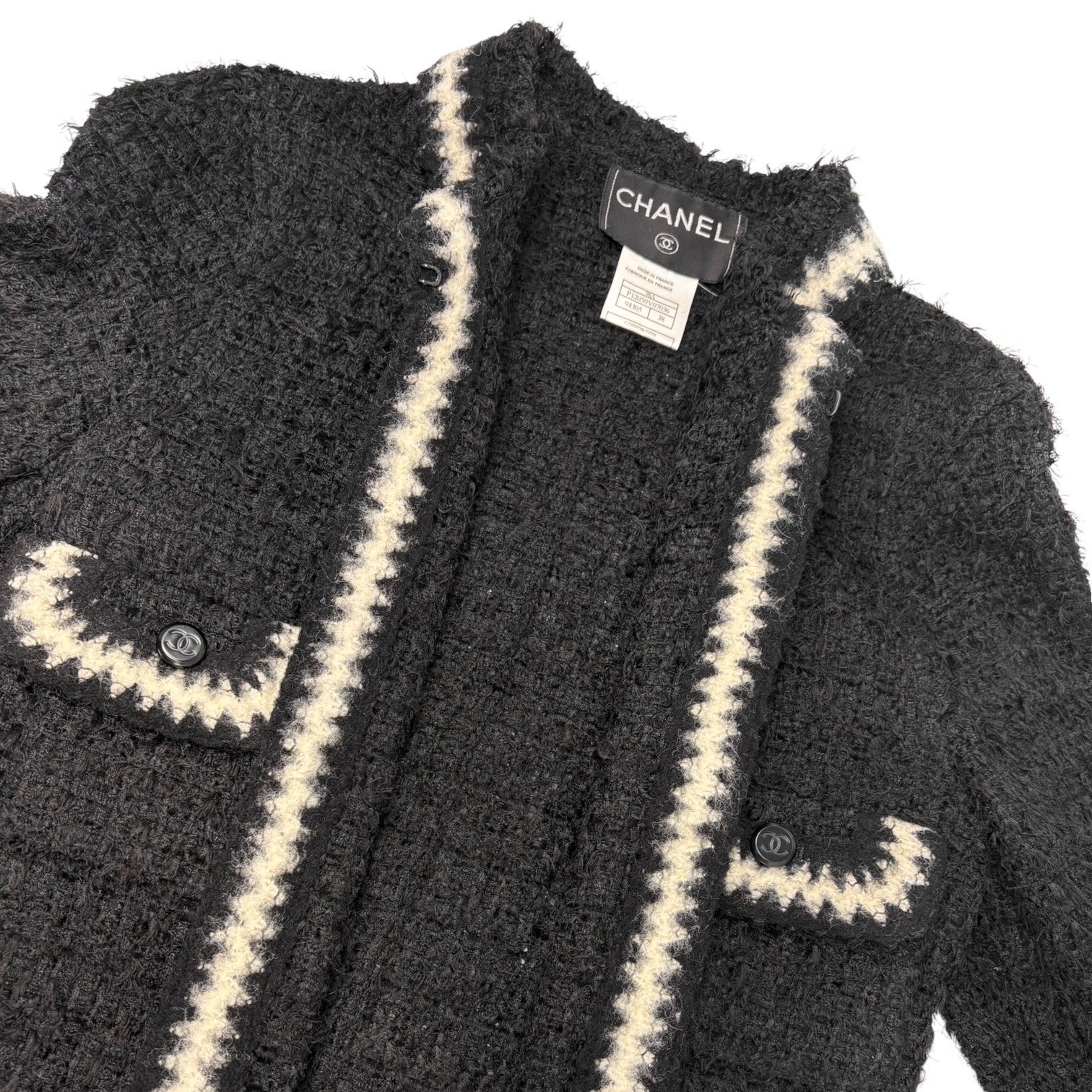 CHANEL Vintage 98A CC Mark Logo Button Tweed Jacket #38 Black White Wool