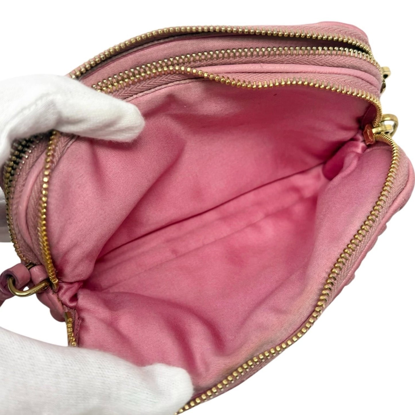 miu miu Vintage Logo Matelasse Leather Mini Double Zip Bag Pink Gold 902277
