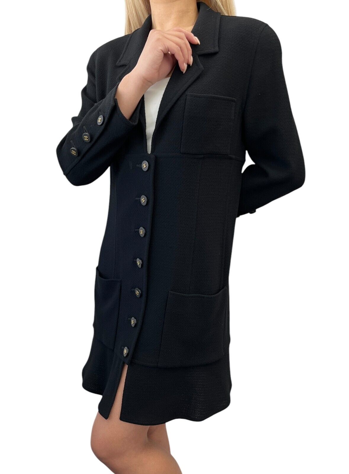 CHANEL Vintage CC Logo Button Long Jacket Top Black Gold Wool Pocket Collar