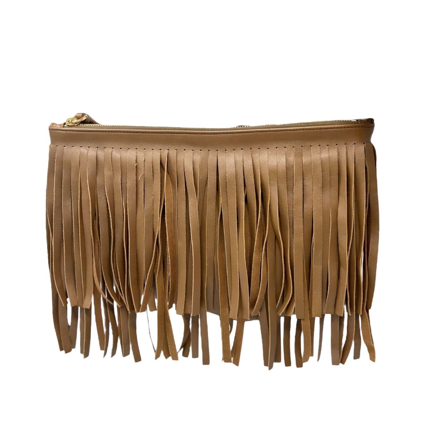 PRADA Vintage Logo Fringe Clutch Mini Bag Brown Gold Leather Zip Rank AB