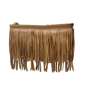 PRADA Vintage Logo Fringe Clutch Mini Bag Brown Gold Leather Zip Rank AB