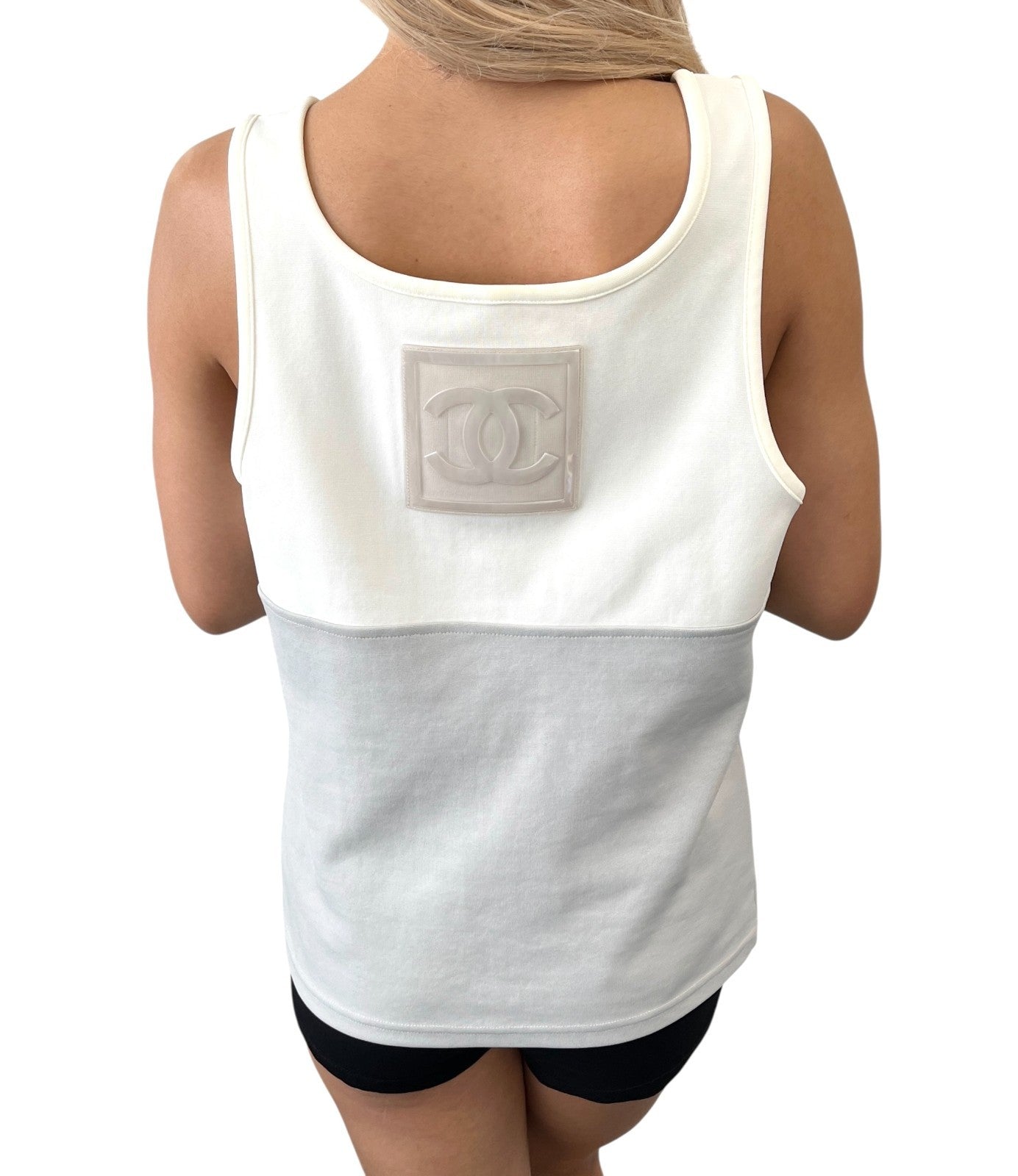 CHANEL Sport Vintage 01P Big CC Logo Tank Top #42 Gray White Nylon 106915