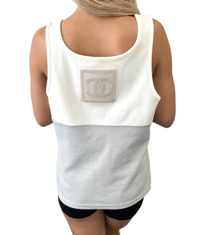 CHANEL Sport Vintage 01P Big CC Logo Tank Top #42 Gray White Nylon 106915