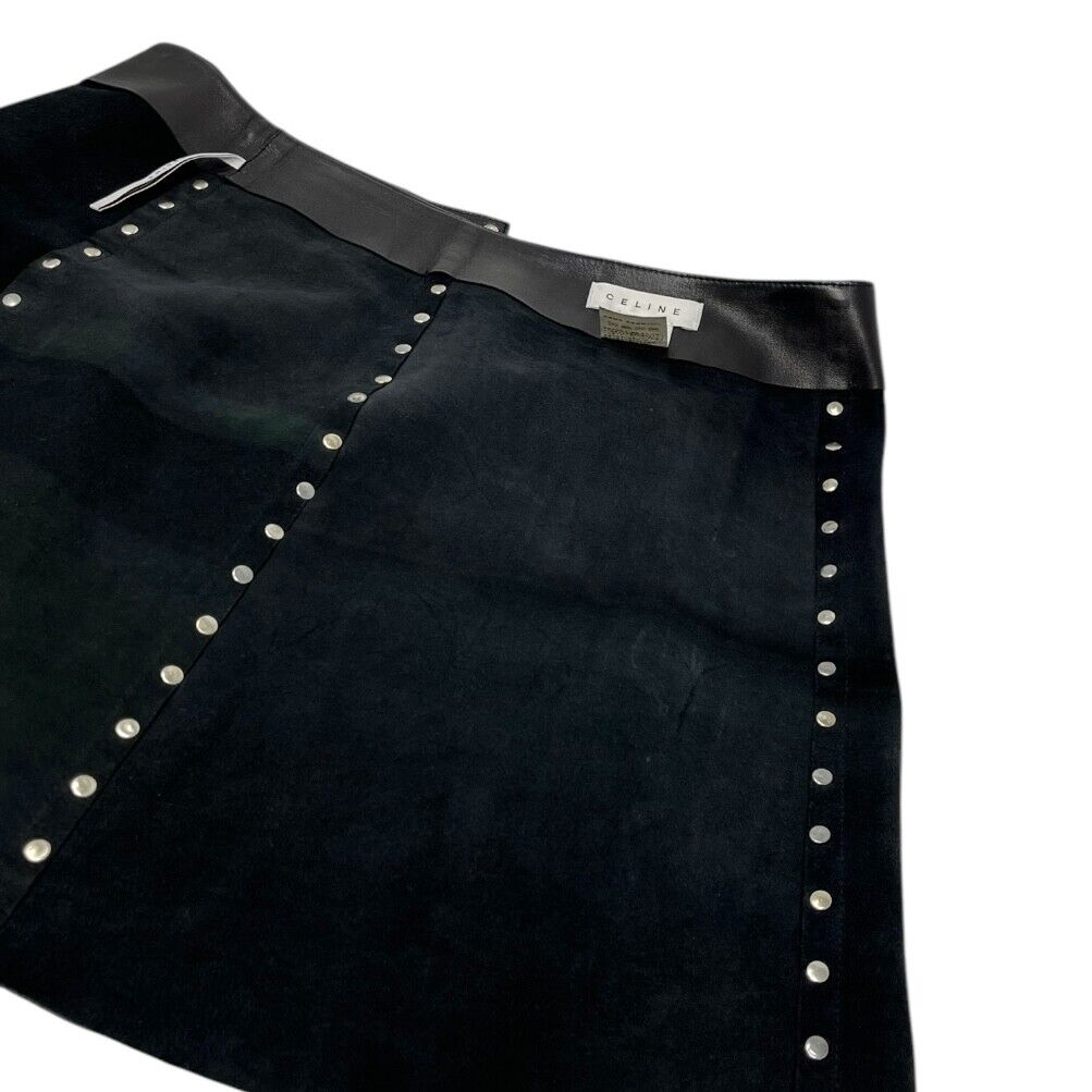 CELINE Vintage Macadam Logo Button Mini Skirt #38 Black Silver Leather