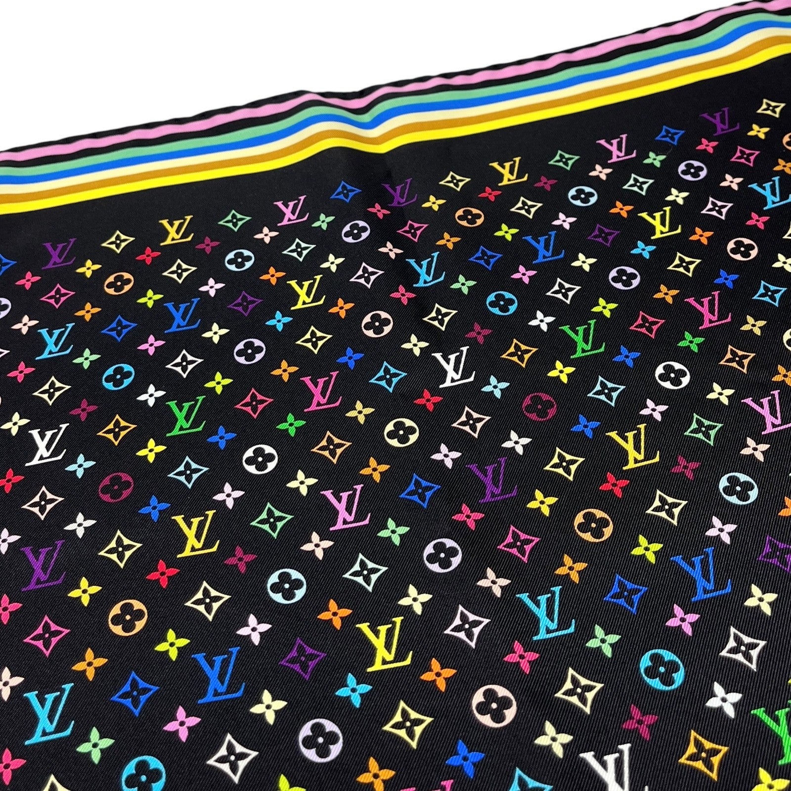 LOUIS VUITTON Vintage LV Logo Monogram Multicolor Scarf Wrap Top Black Silk