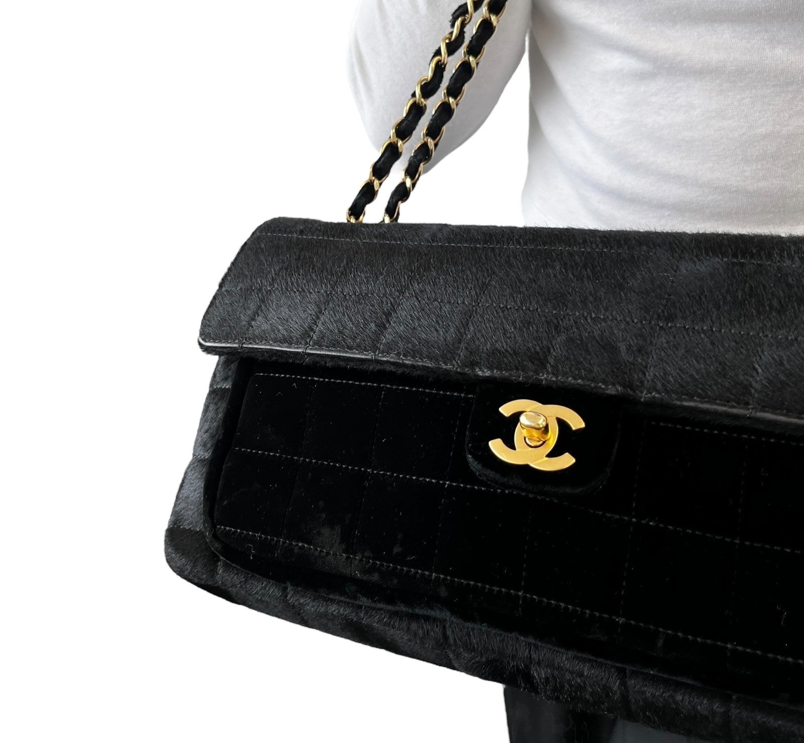 CHANEL Vintage CC Chocolate Bar Flap Pony Calf Hair Shoulder Bag Black Gold
