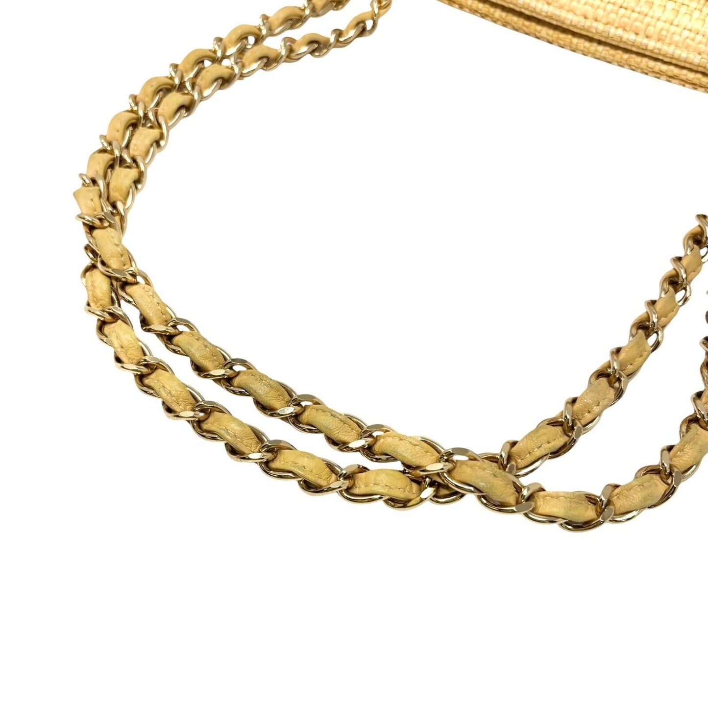CHANEL Vintage 90s CC Logo Chain Shoulder Bag Cream Gold Straw