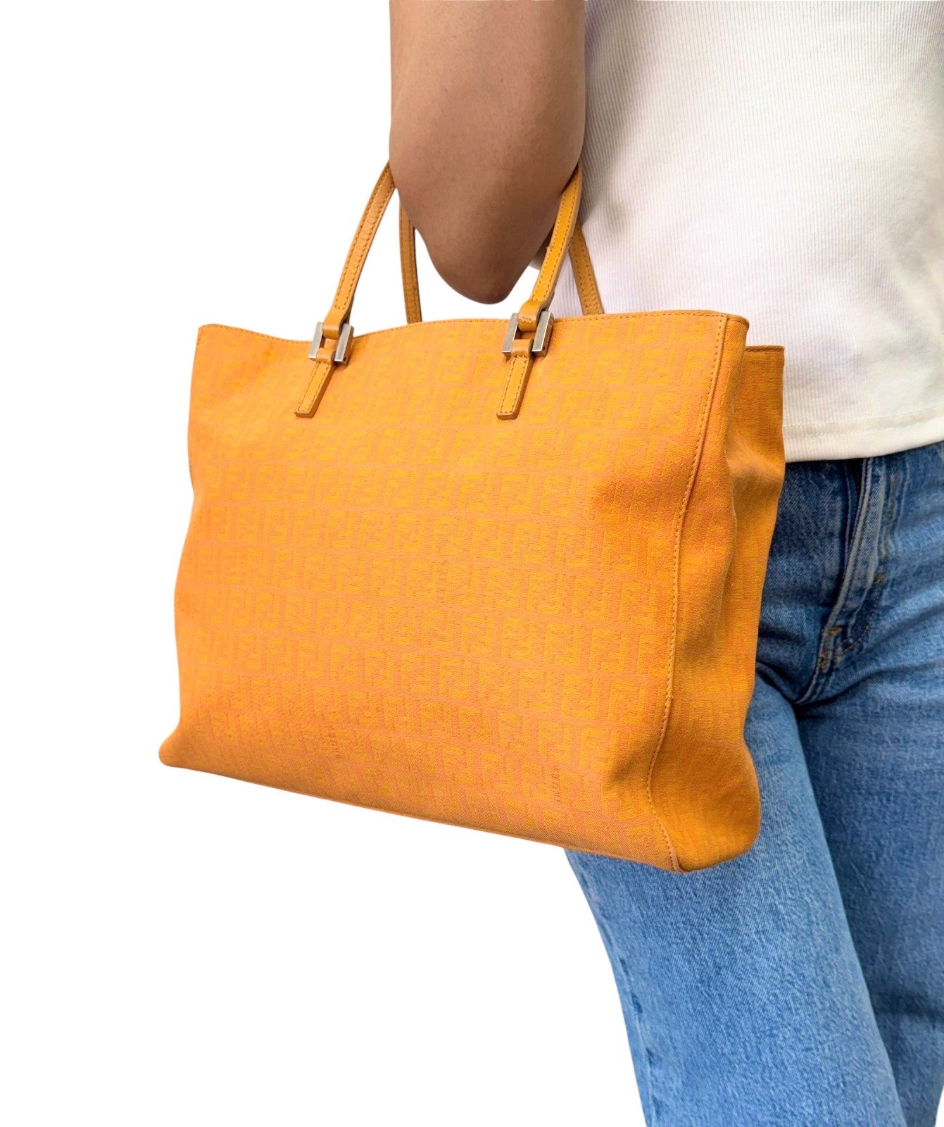 FENDI Vintage FF Logo Zucchino Monogram Tote Hand Bag Orange Silver 901883