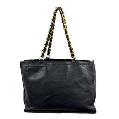 CHANEL Vintage Big CC Logo Chain Tote Shoulder Bag Black Gold Leather 902803