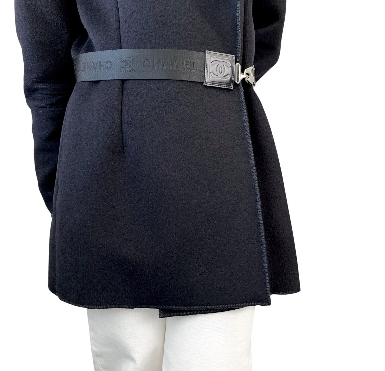 CHANEL Sport Vintage 04A CC Mark Logo Coat Jacket #36 Belt Black Silver Wool