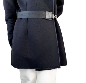 CHANEL Sport Vintage 04A CC Mark Logo Coat Jacket #36 Belt Black Silver Wool