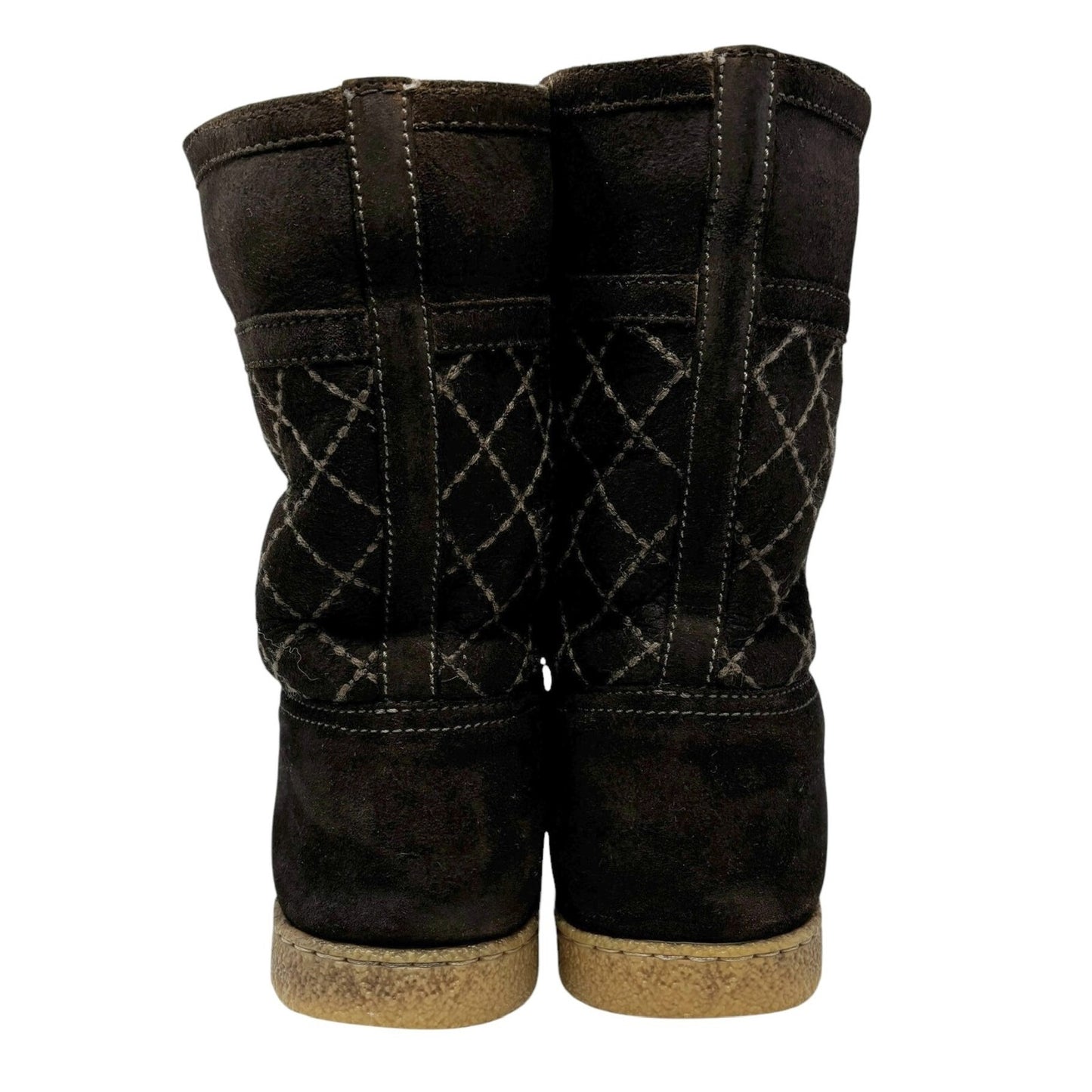 CHANEL Vintage CC Mark Logo Mid Calf Boots #39.5 Stitch Dark Brown Cream Suede