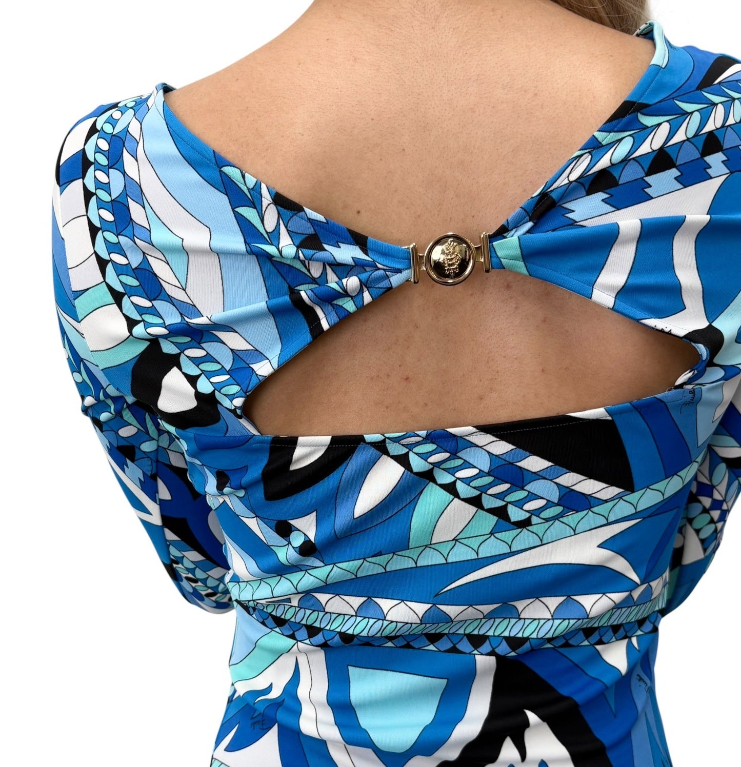 EMILIO PUCCI Vintage Abstract Print Midi Dress #34 Blue Long Sleeve 902420