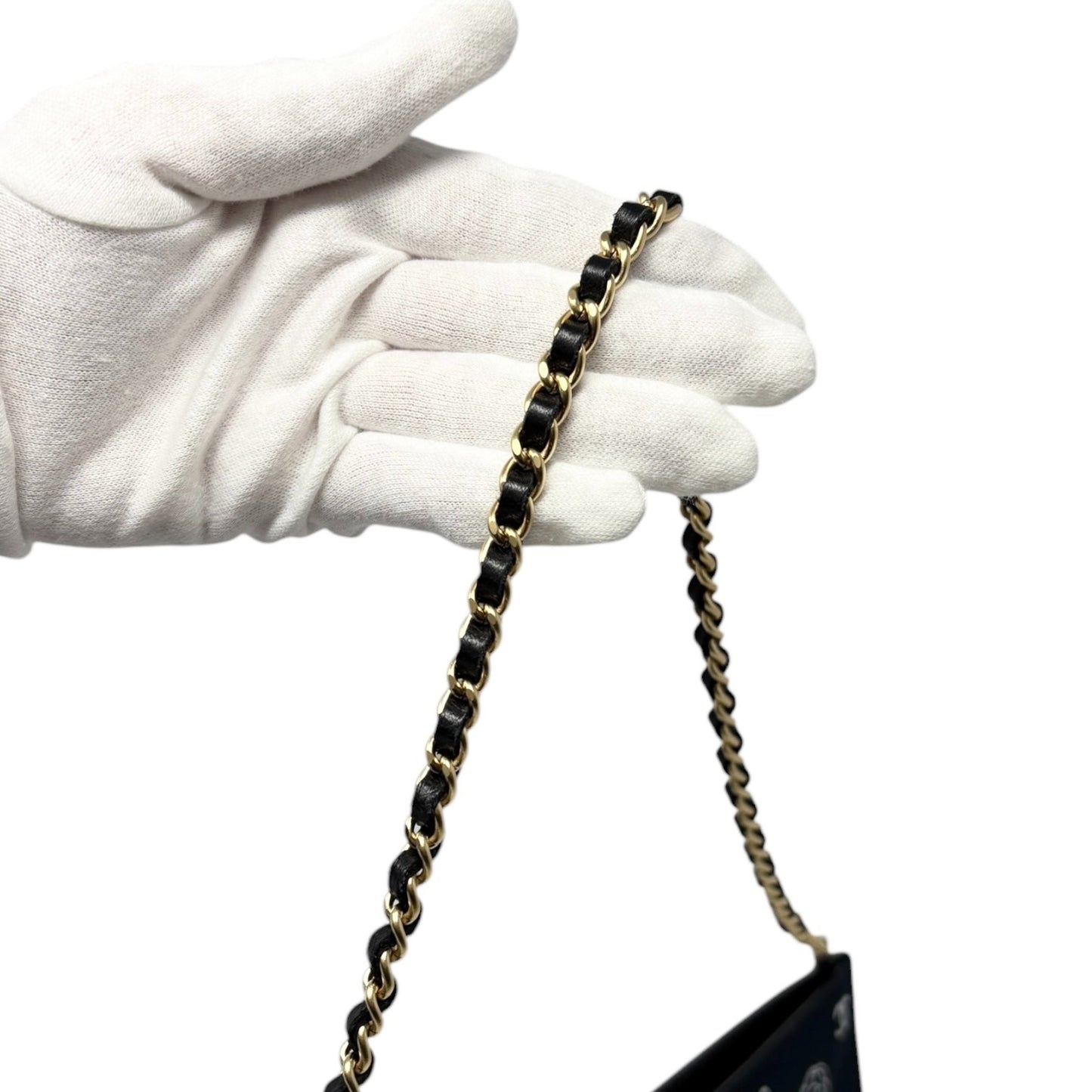 CHANEL Vintage CC Logo Icon Print Canvas Shoulder Bag Pochette Dark Blue Chain