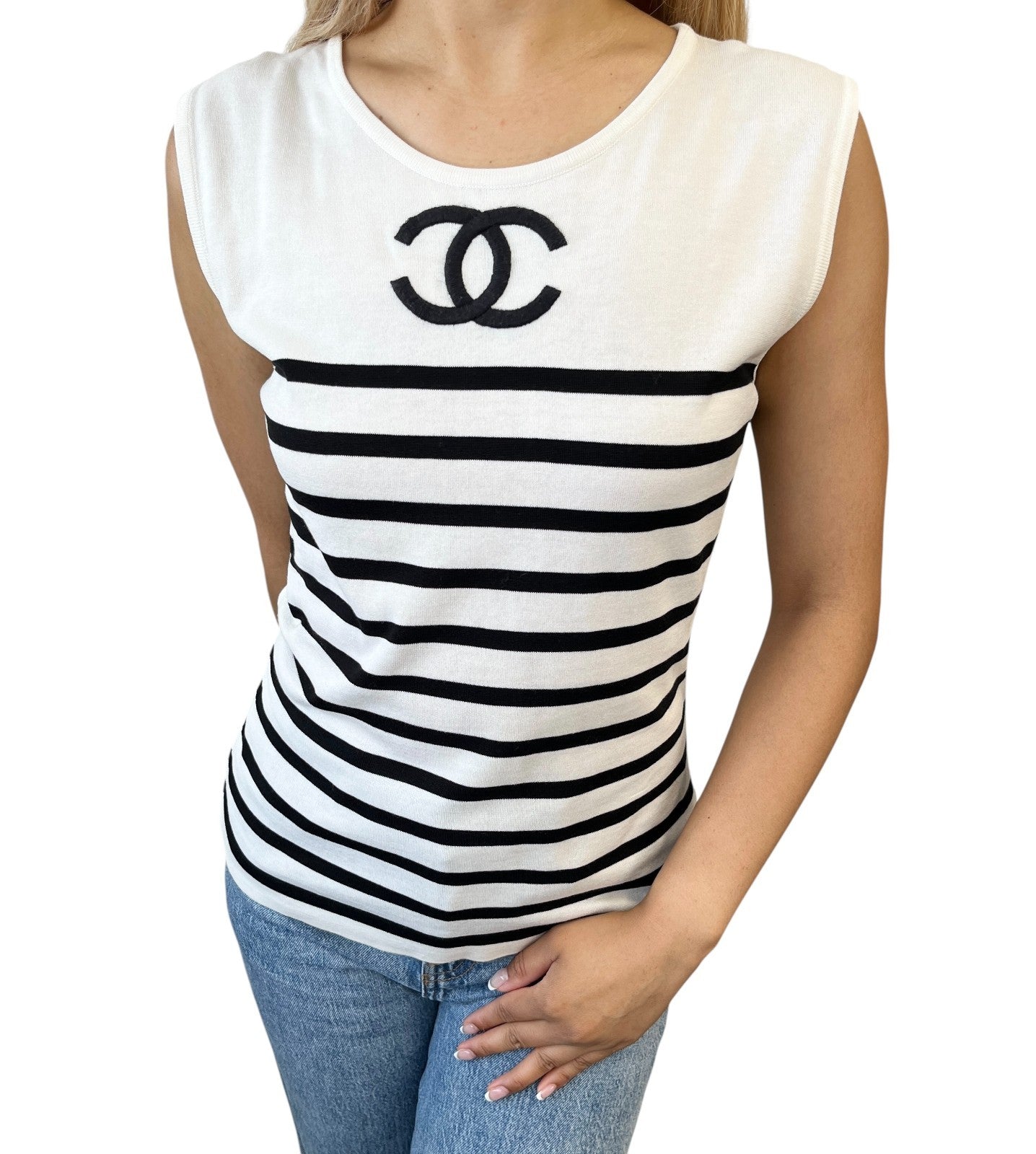CHANEL Vintage 1994 CC Logo Striped Sleeveless Top #40 Tank White Black Cotton