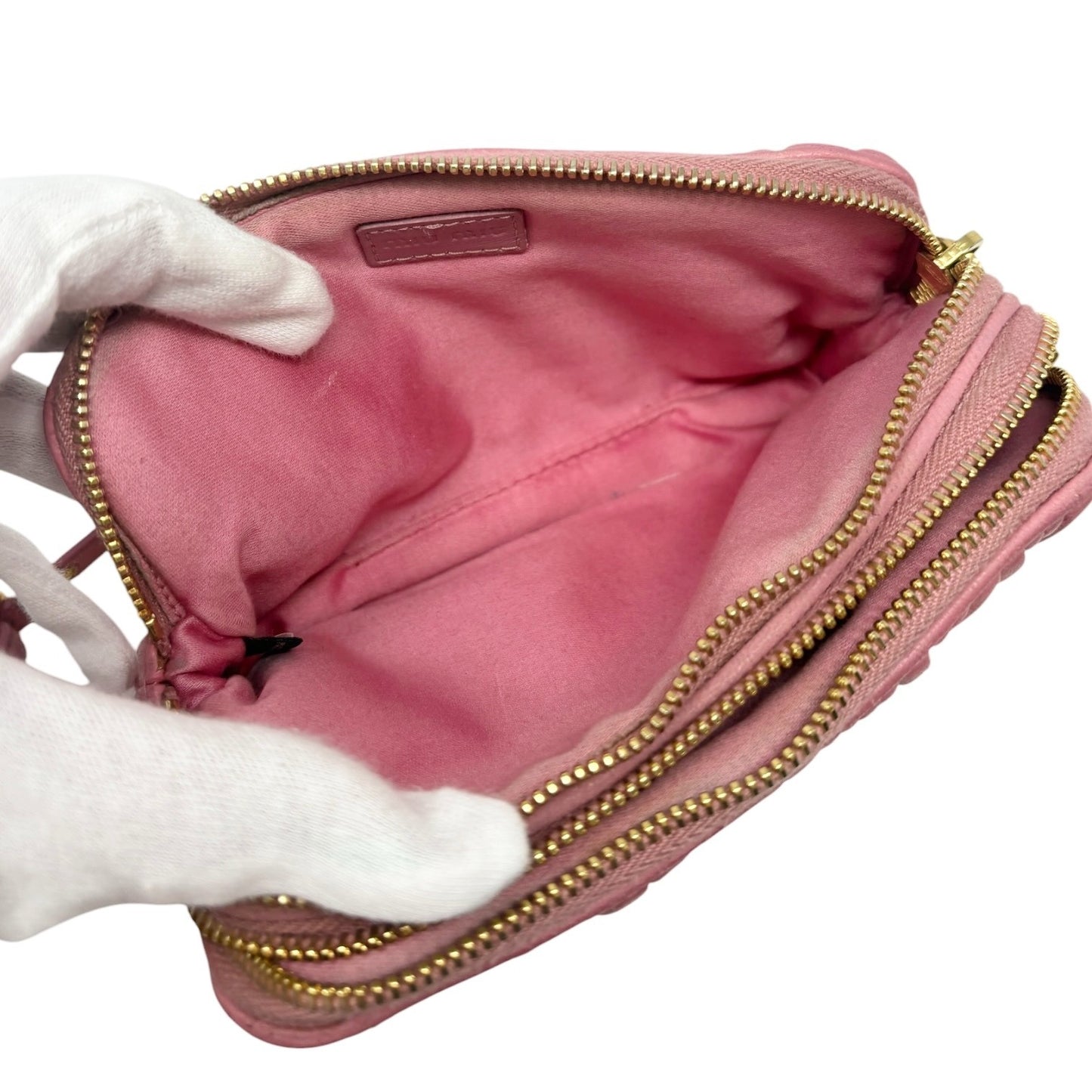miu miu Vintage Logo Matelasse Leather Mini Double Zip Bag Pink Gold 902277