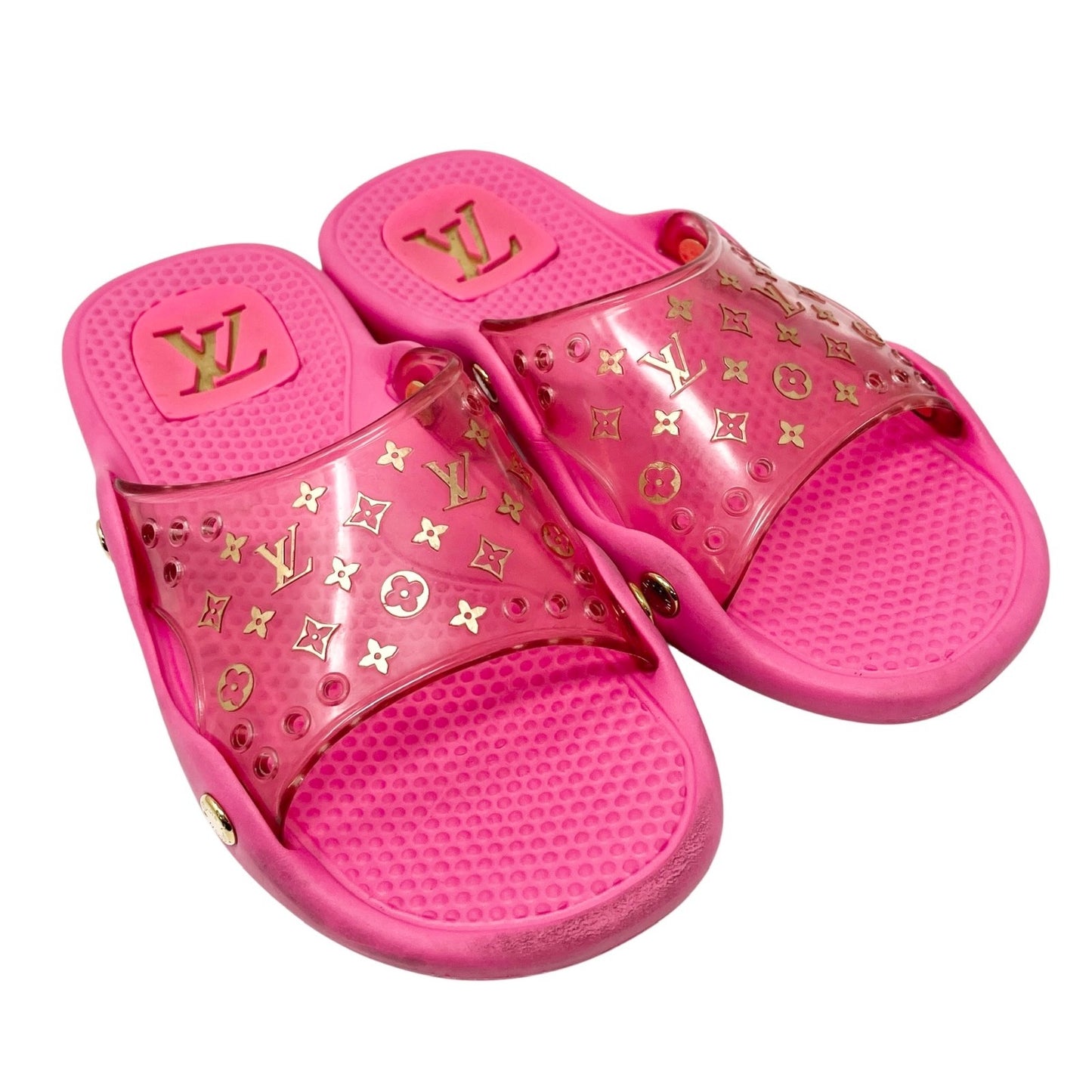 LOUIS VUITTON Vintage LV Monogram Logo Slide Sandals      37-37.5 Pink Gold Rubber