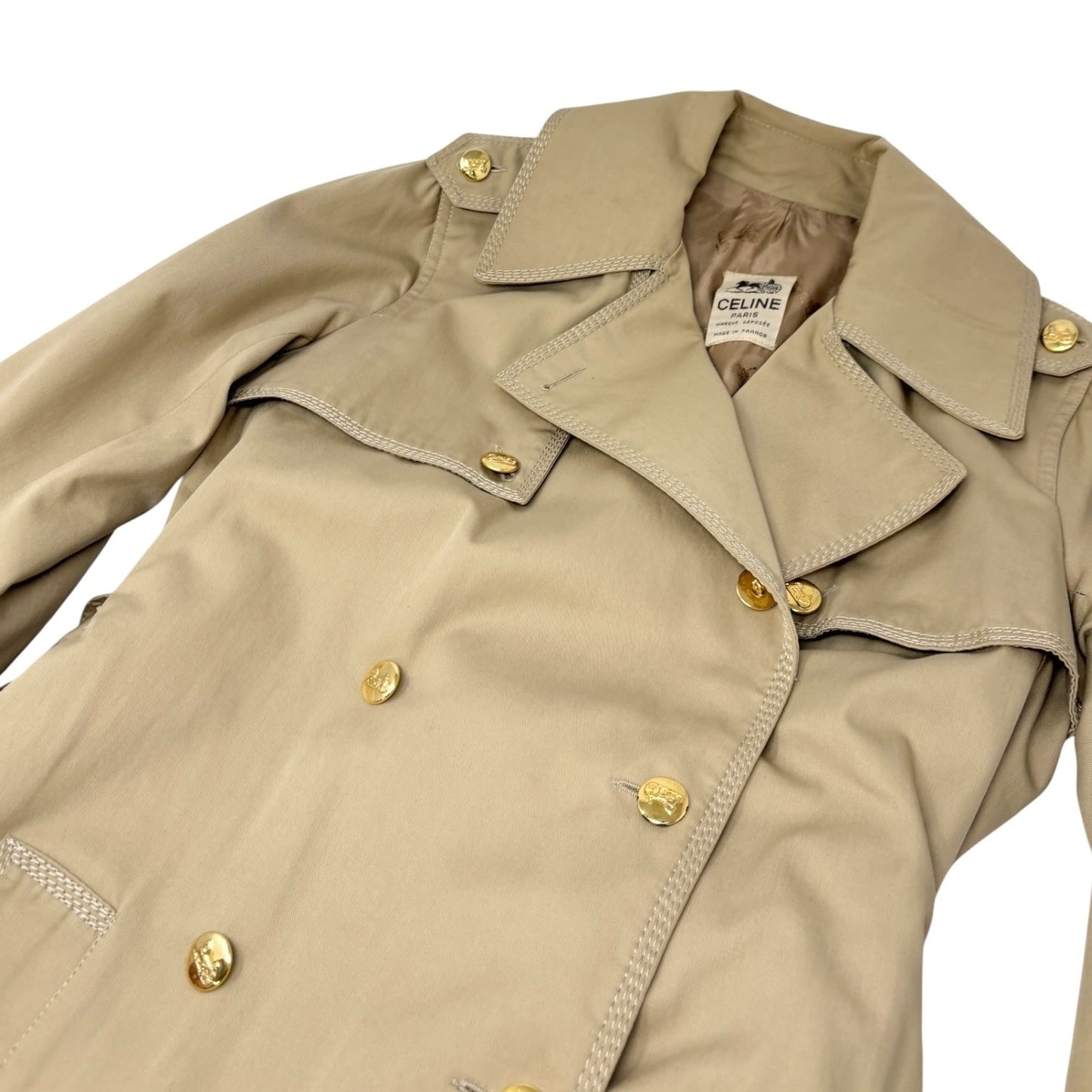 CELINE Vintage Trench Coat Jacket #M Beige Cotton Gold Logo Button