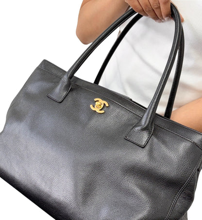 CHANEL CC Turnlock Executive Tote Shoulder Bag Black Gold Leather 902459
