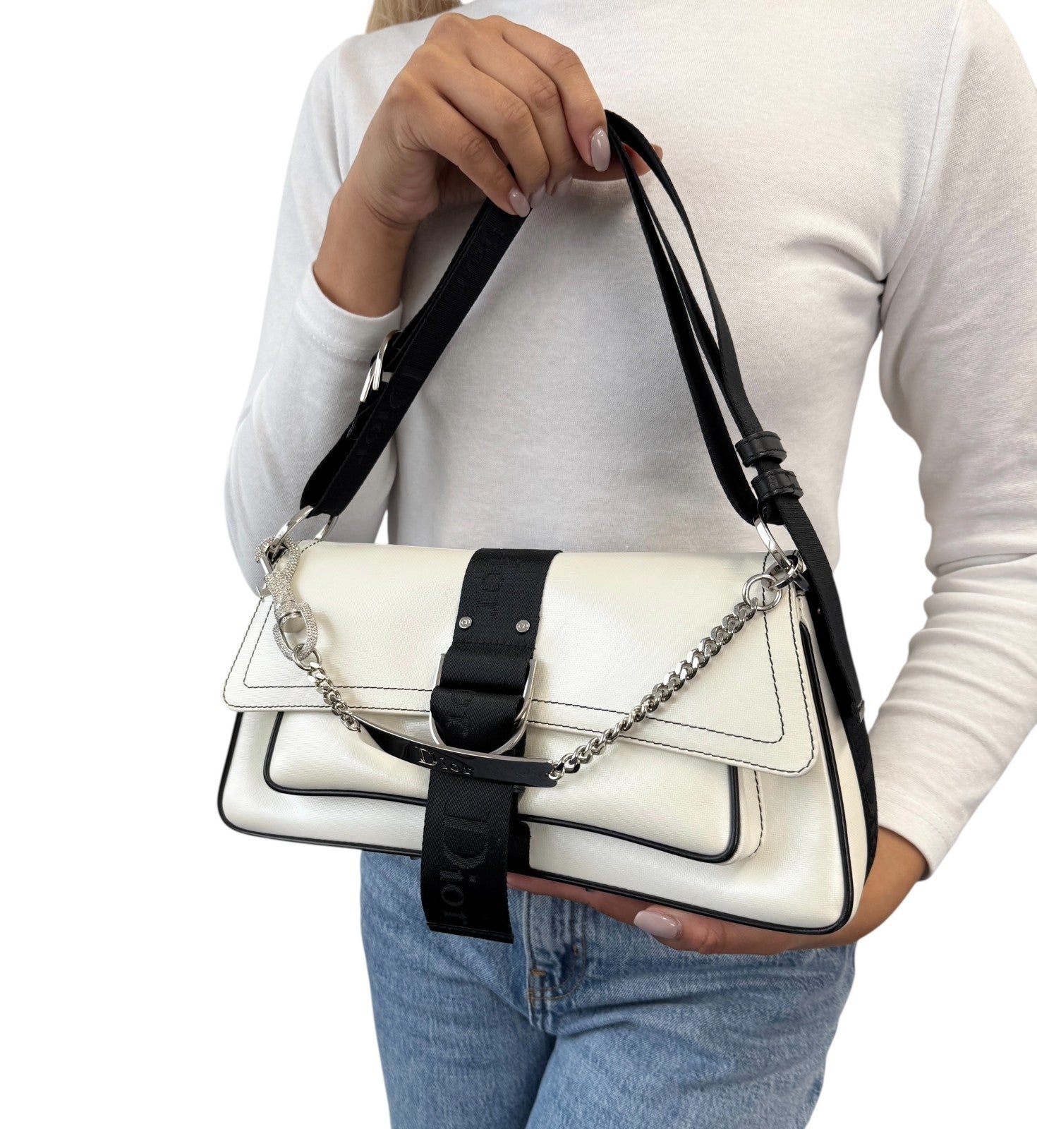 Christian Dior Vintage 2004 Hardcore Shoulder Bag Charm Rhinestone White Black