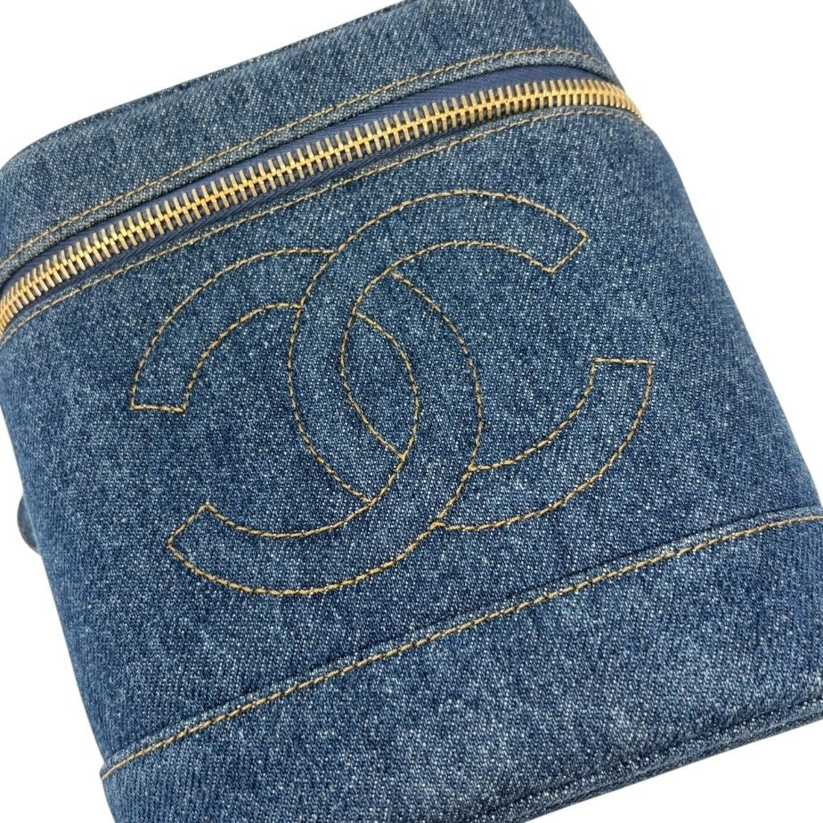 CHANEL Vintage CC Logo Denim Timeless Vanity Bag Handbag Blue Gold Cotton 902240