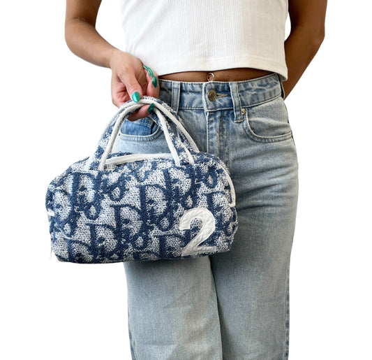 Christian Dior Vintage Trotter Monogram Terry Cloth Mini Bag Blue White 902409