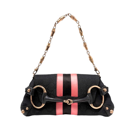 GUCCI Vintage GG Logo Monogram Horsebit Shoulder Clutch Bag Chain Black Pink