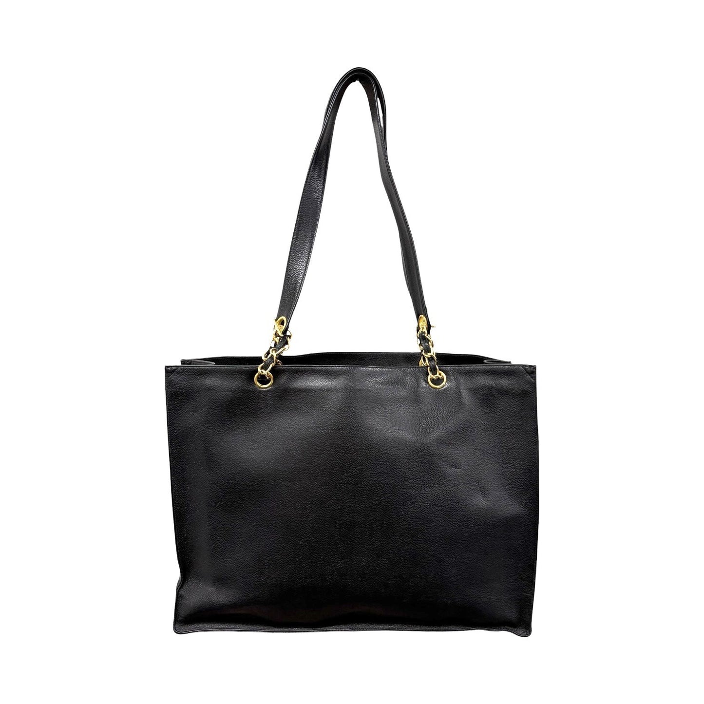 CHANEL Vintage Bic CC Logo Chain Shoulder Tote Bag Black Gold Leather 902079