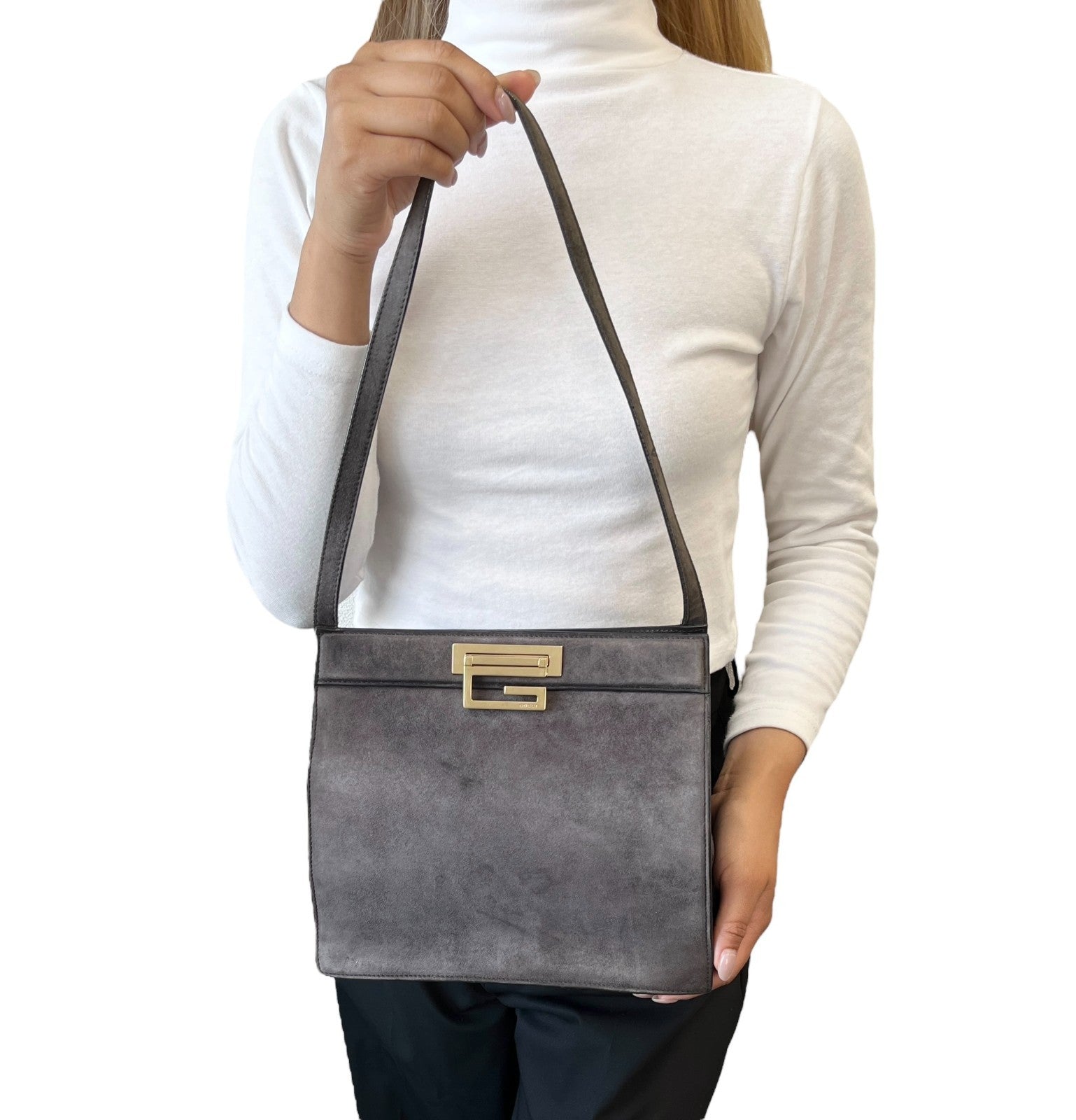 GUCCI Vintage G Square Logo Shoulder Bag Gray Gold Suede Leather