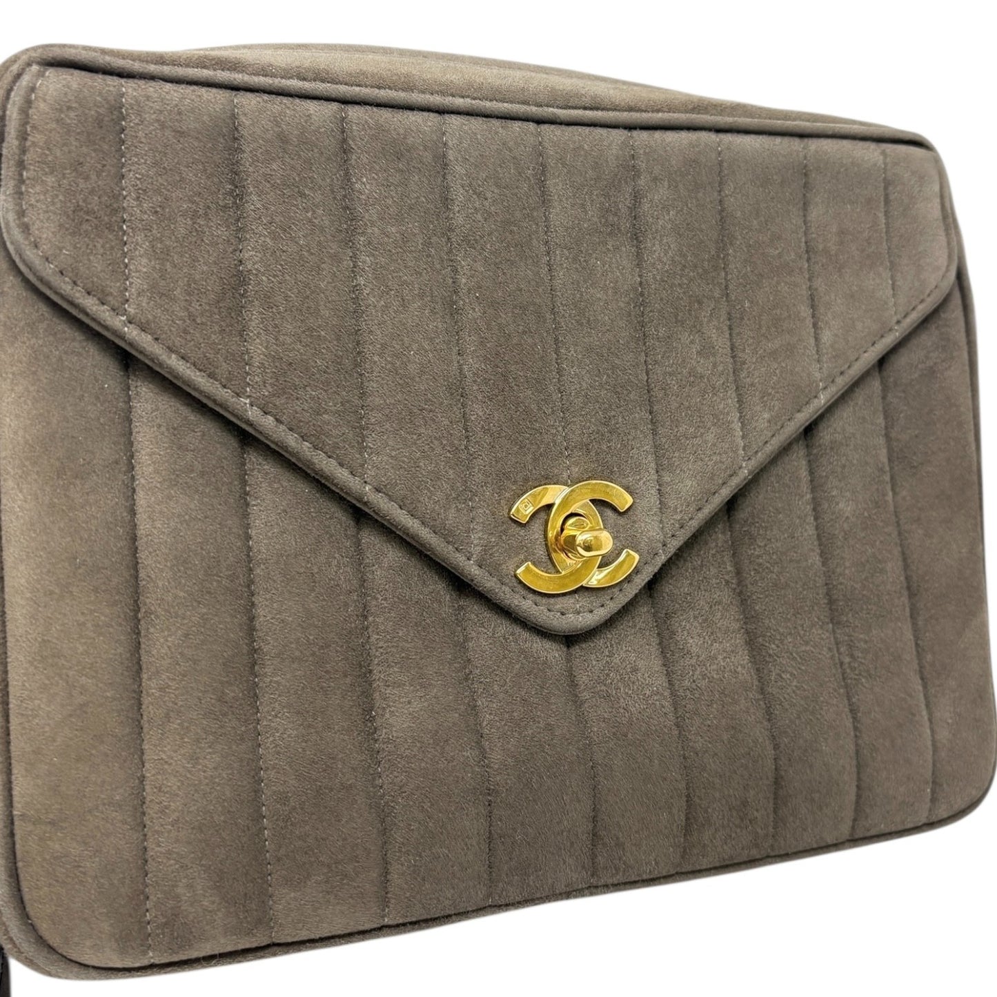 CHANEL Vintage CC Logo Quilted Fringe Chain Shoulder Bag Khaki Gold Suede