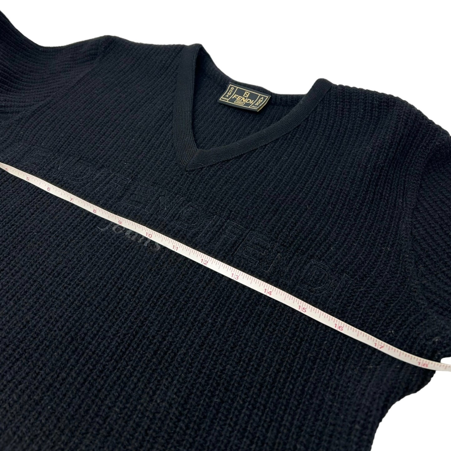 FENDI Vintage Logo Jeans Long Sleeve Sweater #40 Knit Black Wool RankAB