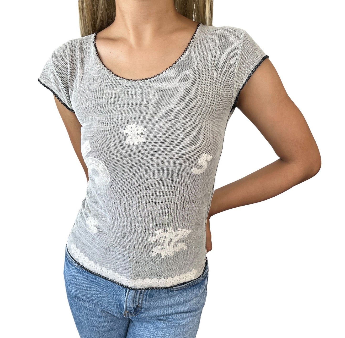 CHANEL Vintage 04P CC Logo Mesh Top #34 Cotton Spandex White Black Short Sleeve