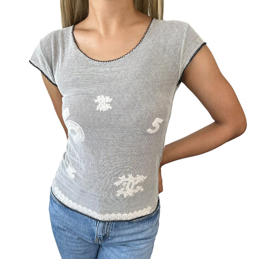 CHANEL Vintage 04P CC Logo Mesh Top #34 Cotton Spandex White Black Short Sleeve