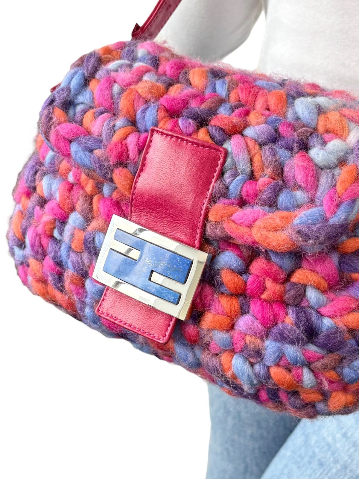FENDI Vintage FF Logo Crochet Mamma Baguette Shoulder Bag Pink Multicolor Wool