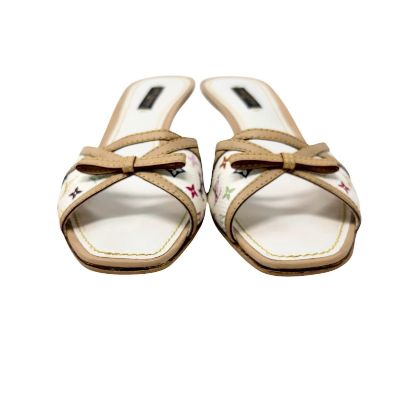 LOUIS VUITTON Vintage Monogram Multicolor Sandals Heels #37 White Beige