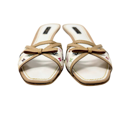 LOUIS VUITTON Vintage Monogram Multicolor Sandals Heels #37 White Beige