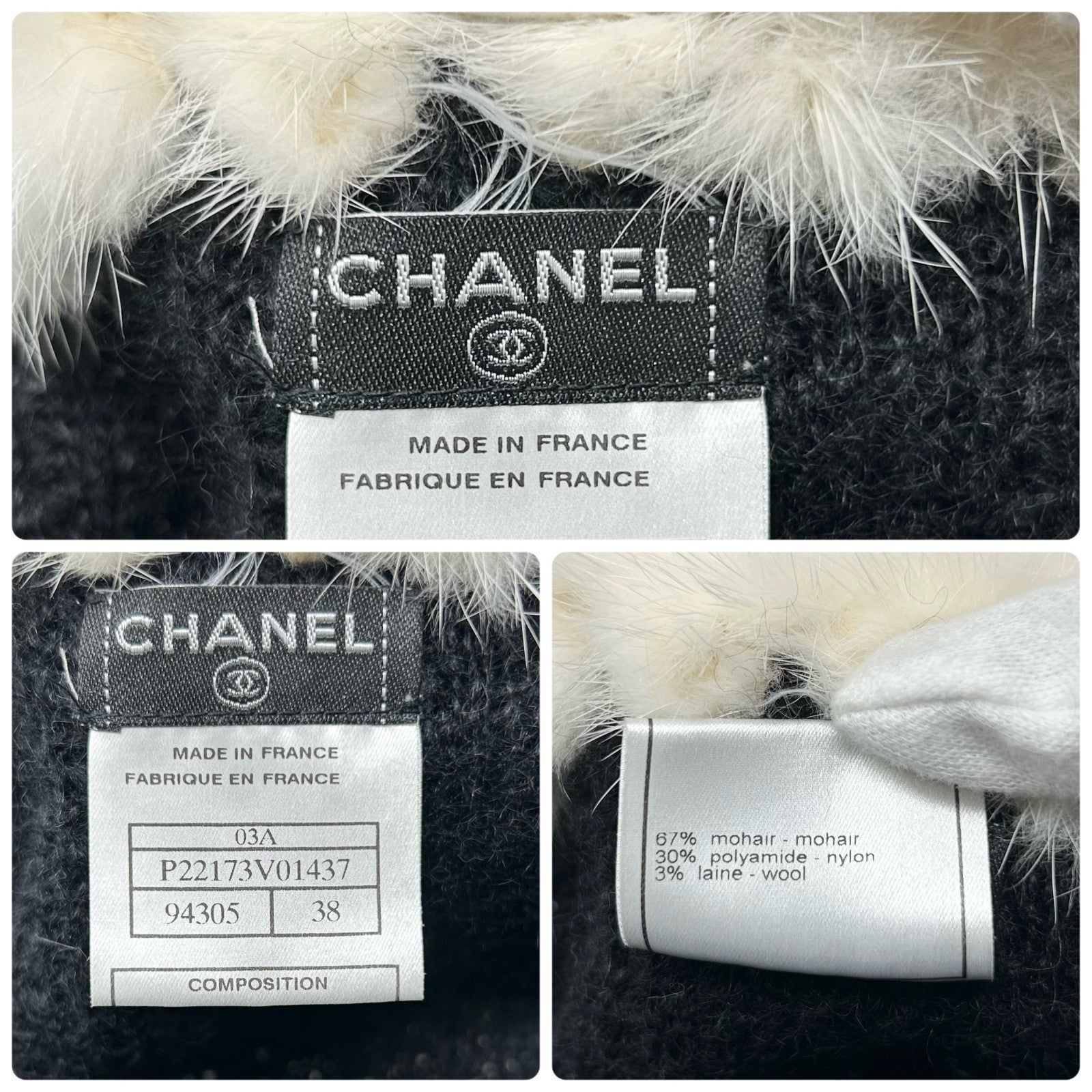 CHANEL Vintage 03A CC Logo Button Trim Fur Knit Jacket #38 Black White Mohair