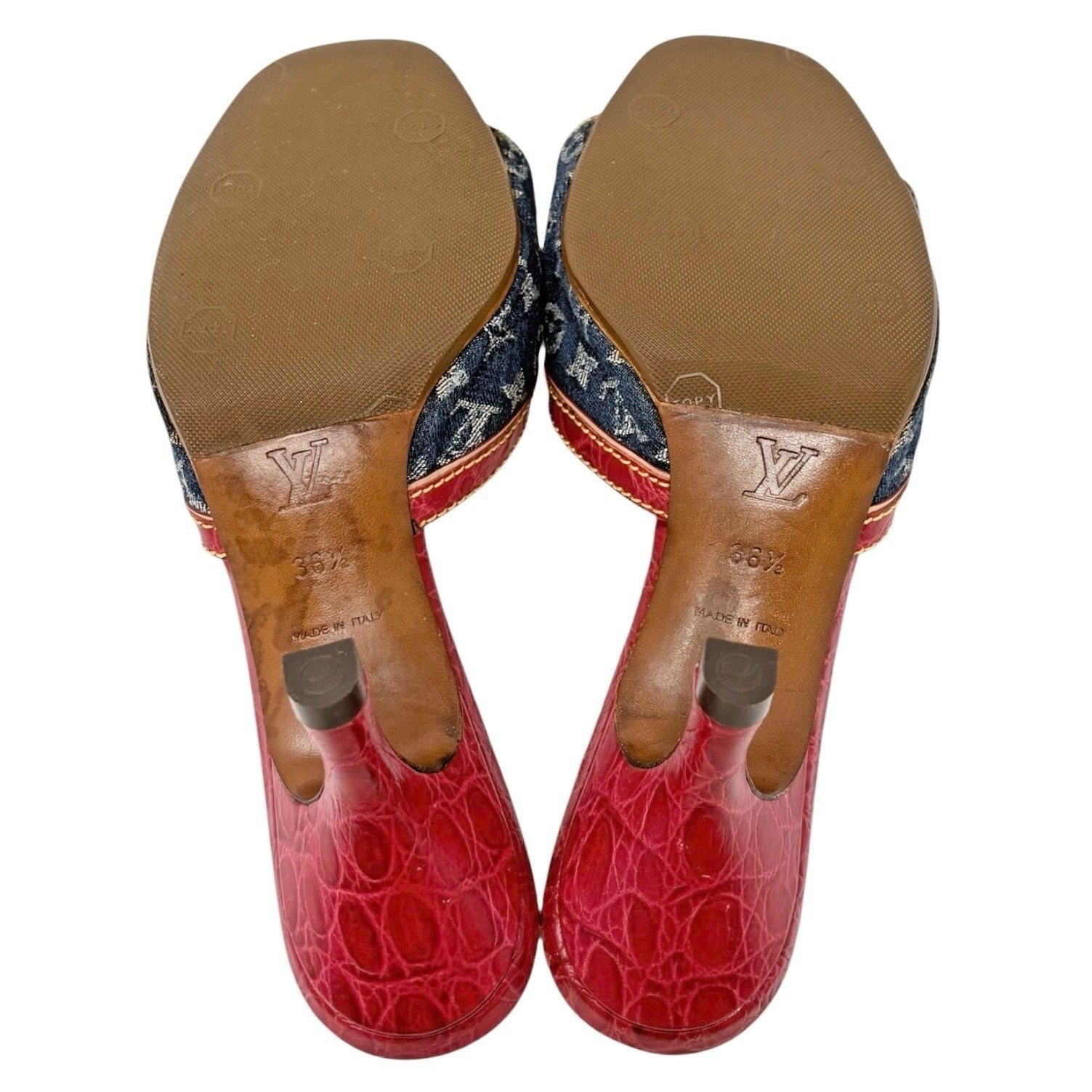LOUIS VUITTON Vintage Monogram Denim Heels Sandals #36.5 Blue Brown Leather