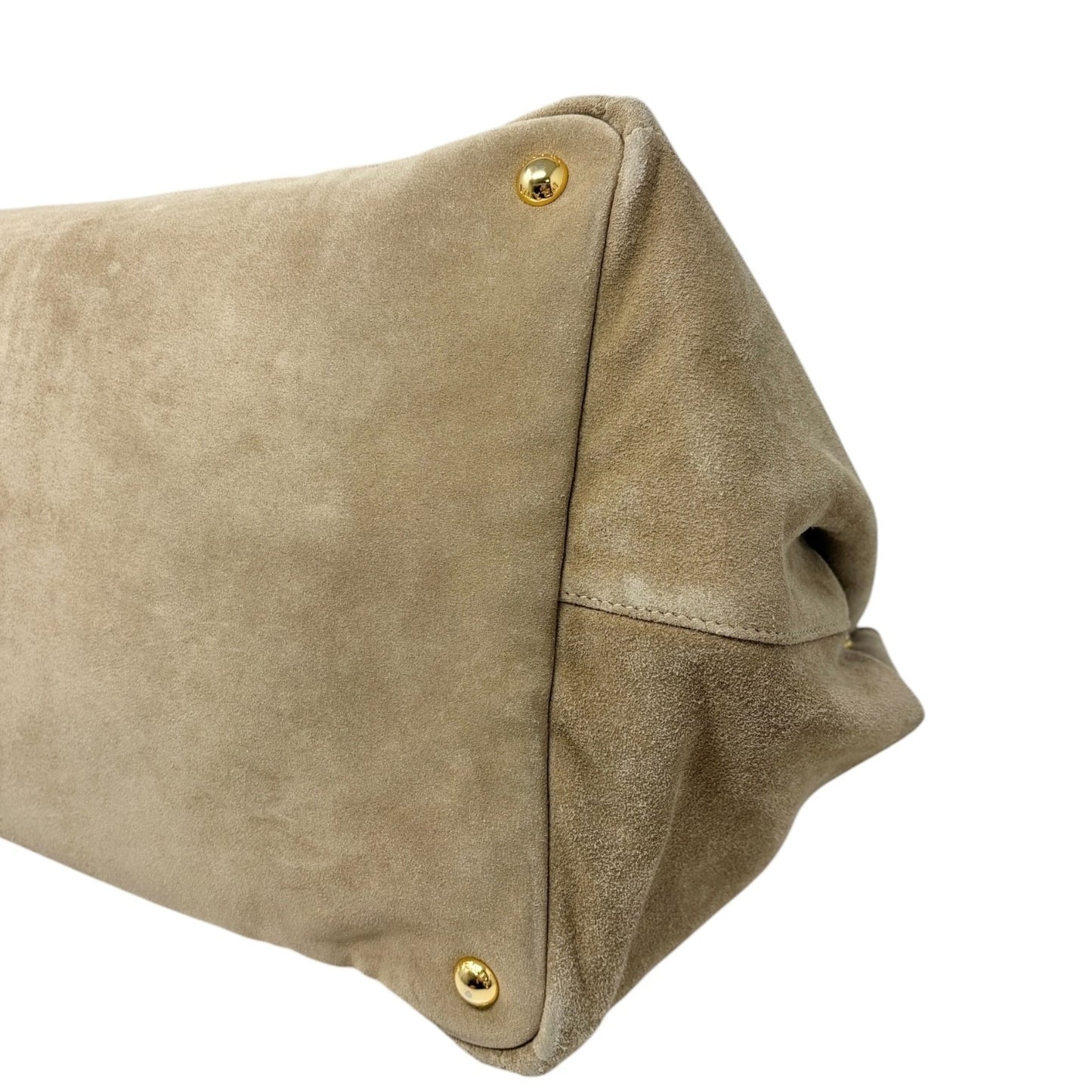 PRADA Vintage Canapa Big Logo Suede Large Tote Bag Beige Gold Stitch Shopper