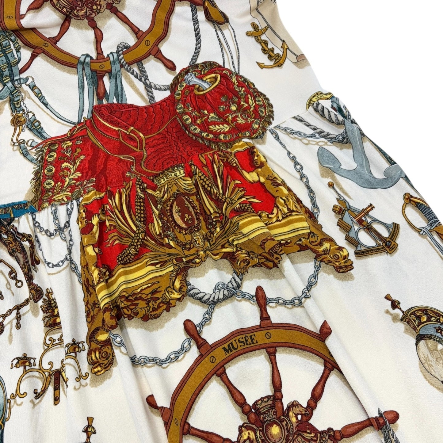 HERMES Vintage Nautical Wheel Print Silk Midi Dress Short Sleeve #XS White Gold