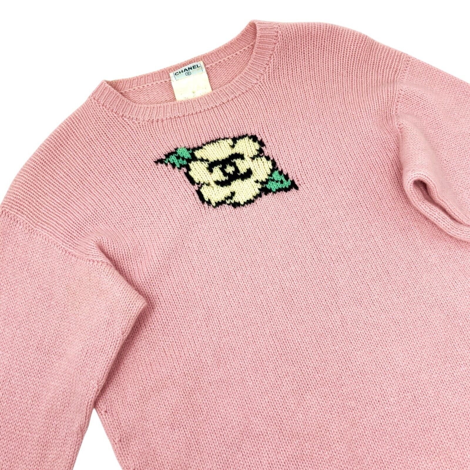 CHANEL Vintage 95A CC Logo Camellia Knit Sweater Top #42 Pink Cream Cashmere