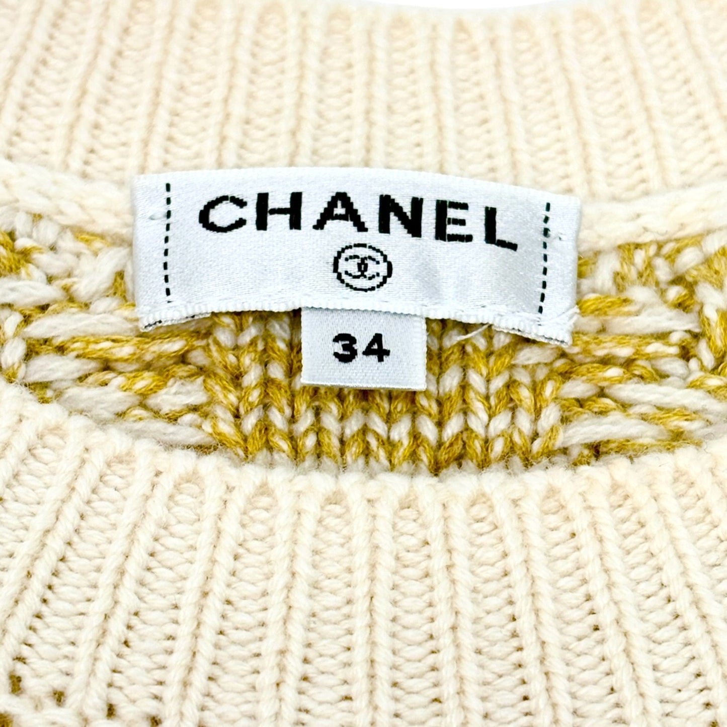 CHANEL P63133 CC Logo Cashmere Knit Sweater Top #34 Beige Cream Cotton