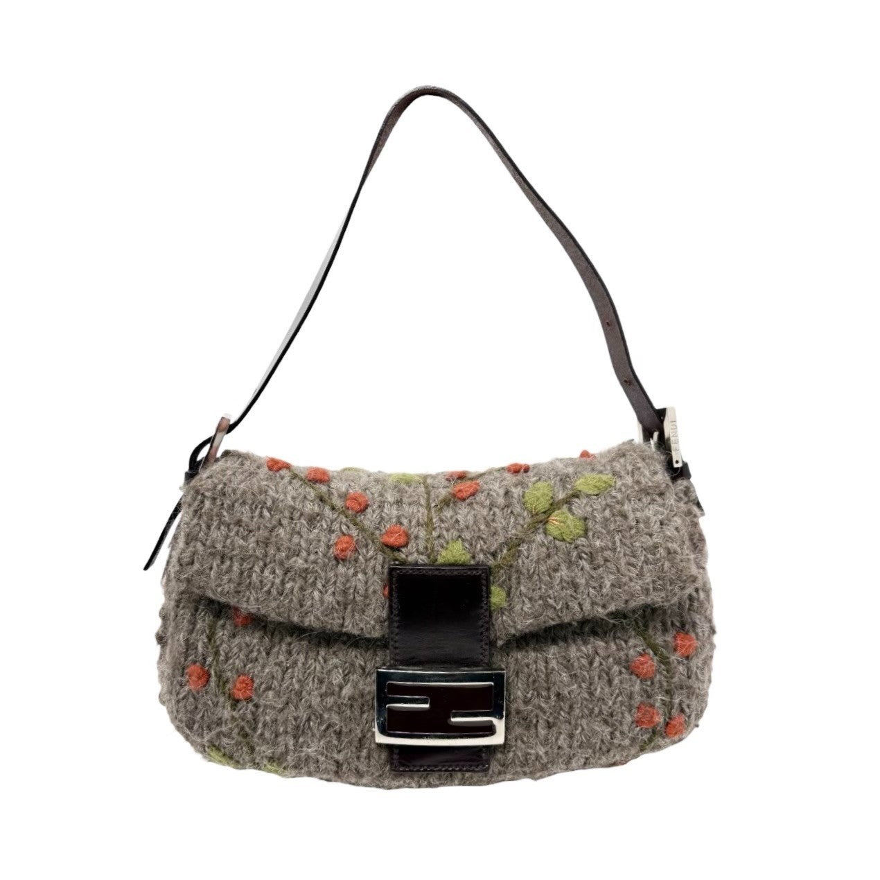 FENDI Vintage FF Mamma Baguette Wool Knit Shoulder Bag Gray Brown Flower