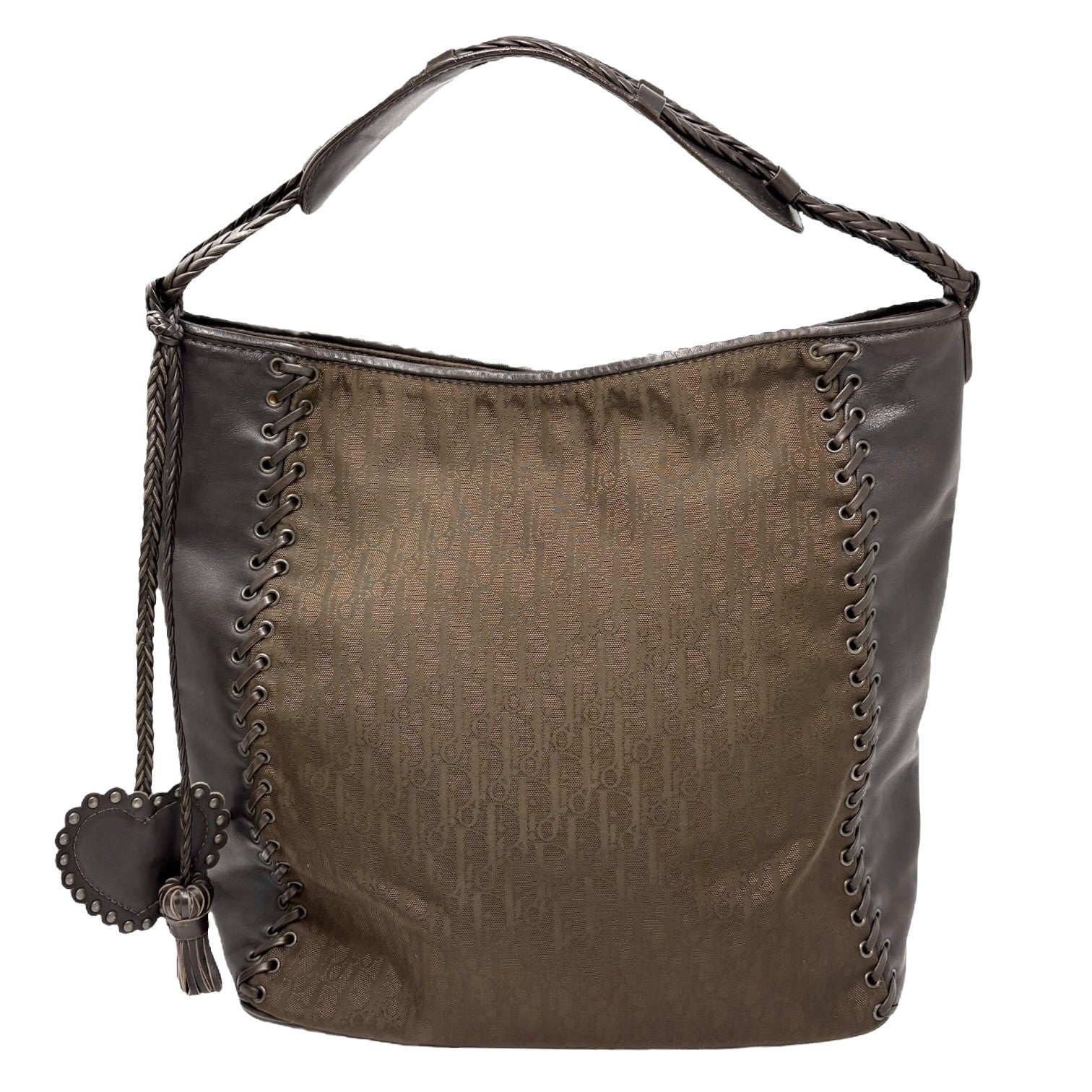 Christian Dior Vintage 2007 Logo Trotter Monogram Tote Bag Heart Brown Leather