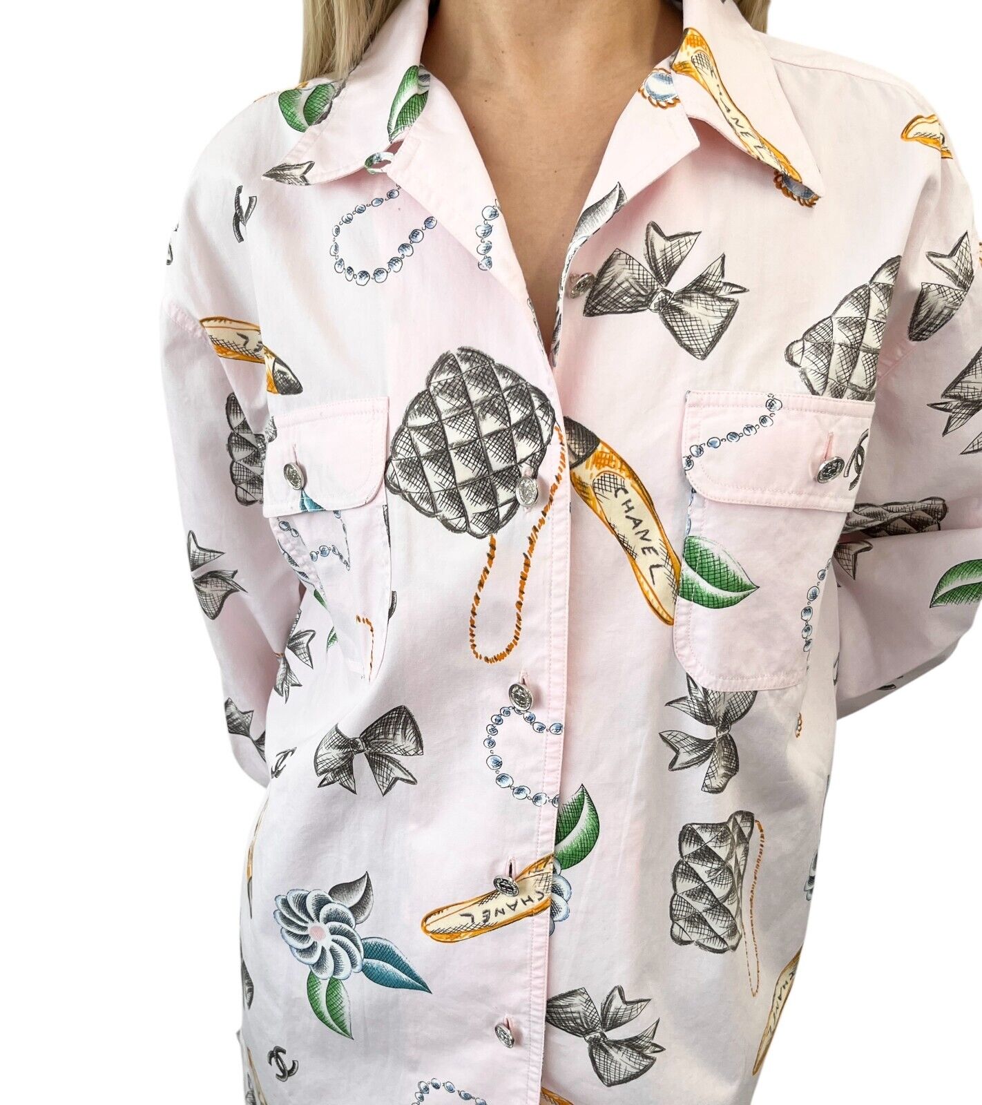 CHANEL Vintage 1996 CC Logo Shirt Top #38 Button Up Pink Multicolor Cotton