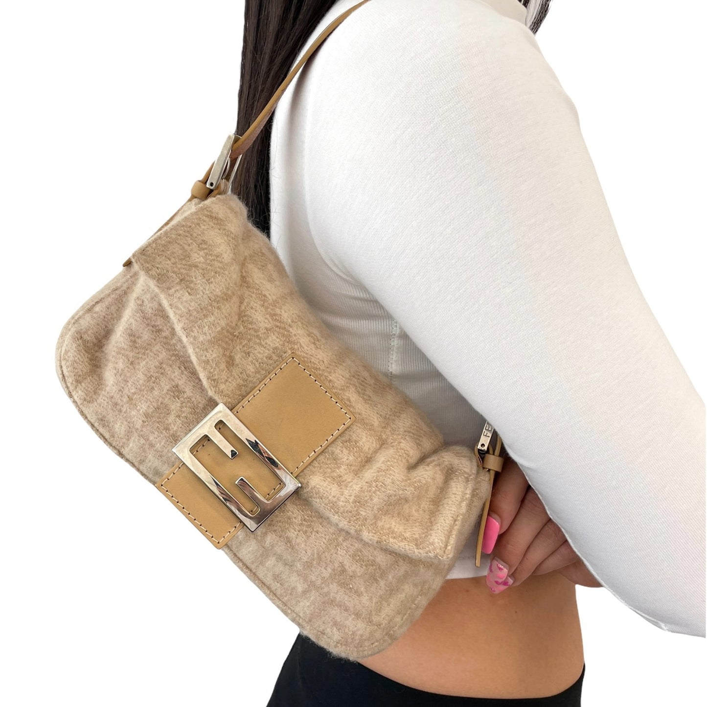 FENDI Vintage Zucca Monogram Wool Knit Mamma Baguette Shoulder Bag Beige