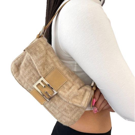 FENDI Vintage Zucca Monogram Wool Knit Mamma Baguette Shoulder Bag Beige