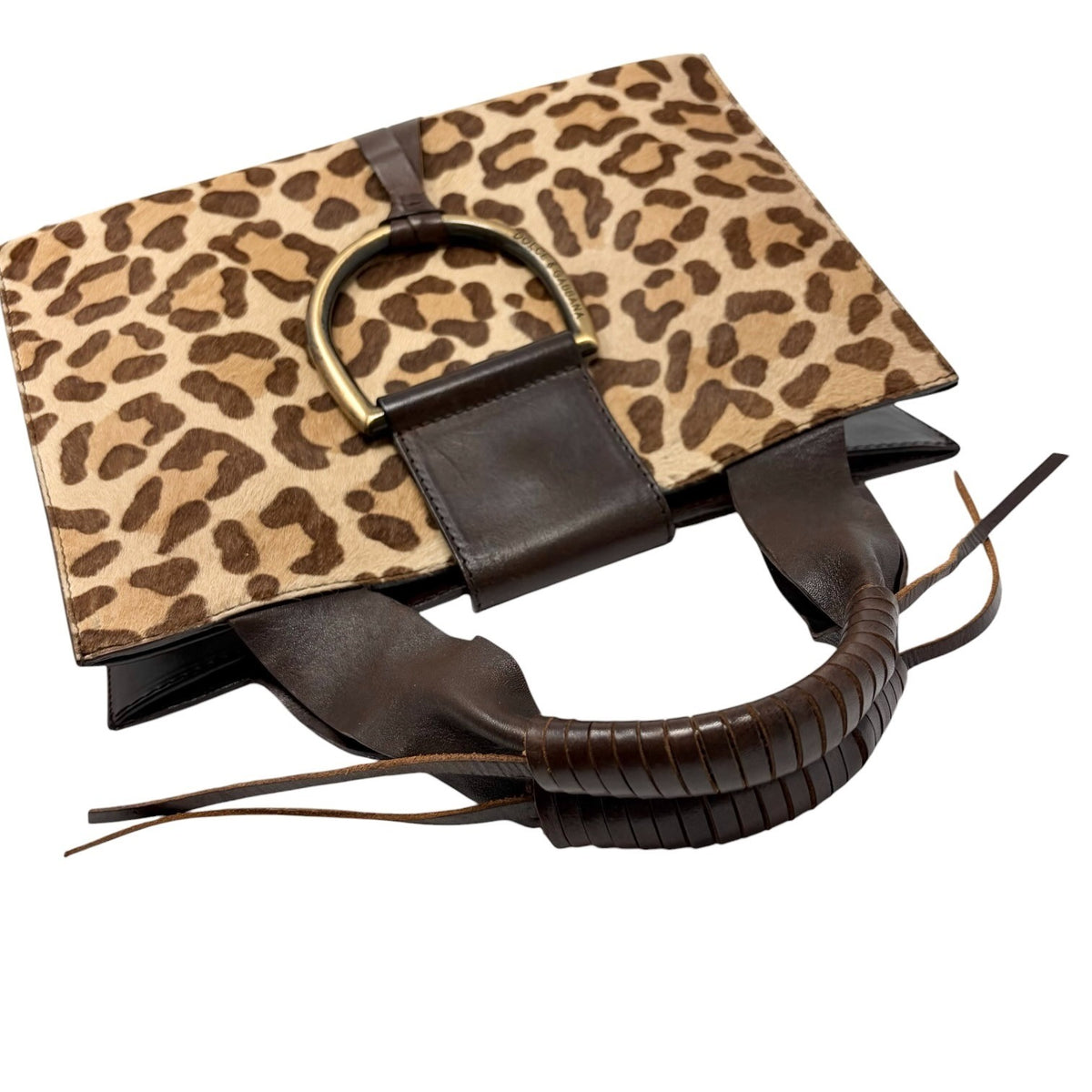 DOLCE&GABBANA Vintage Logo Leopard Pony Hair Hand Bag Beige Brown 902449