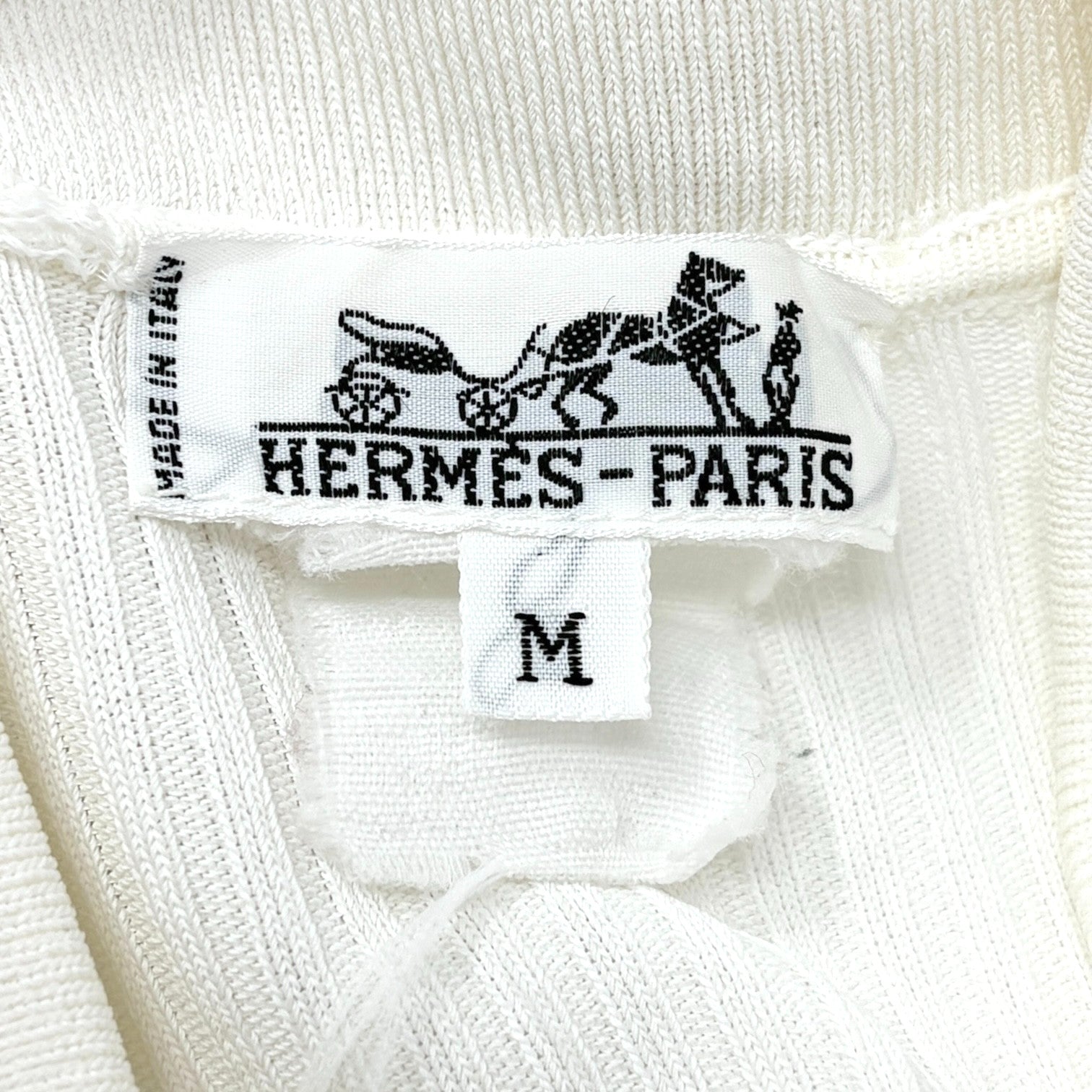 HERMES Vintage Logo Clou de Selle Button Ribbed Knit Polo Top #M White Viscose