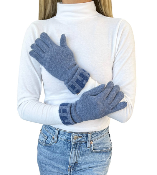 HERMES Vintage H Logo Gloves #S Knit Fashion Winter Accessory Blue Cashmere
